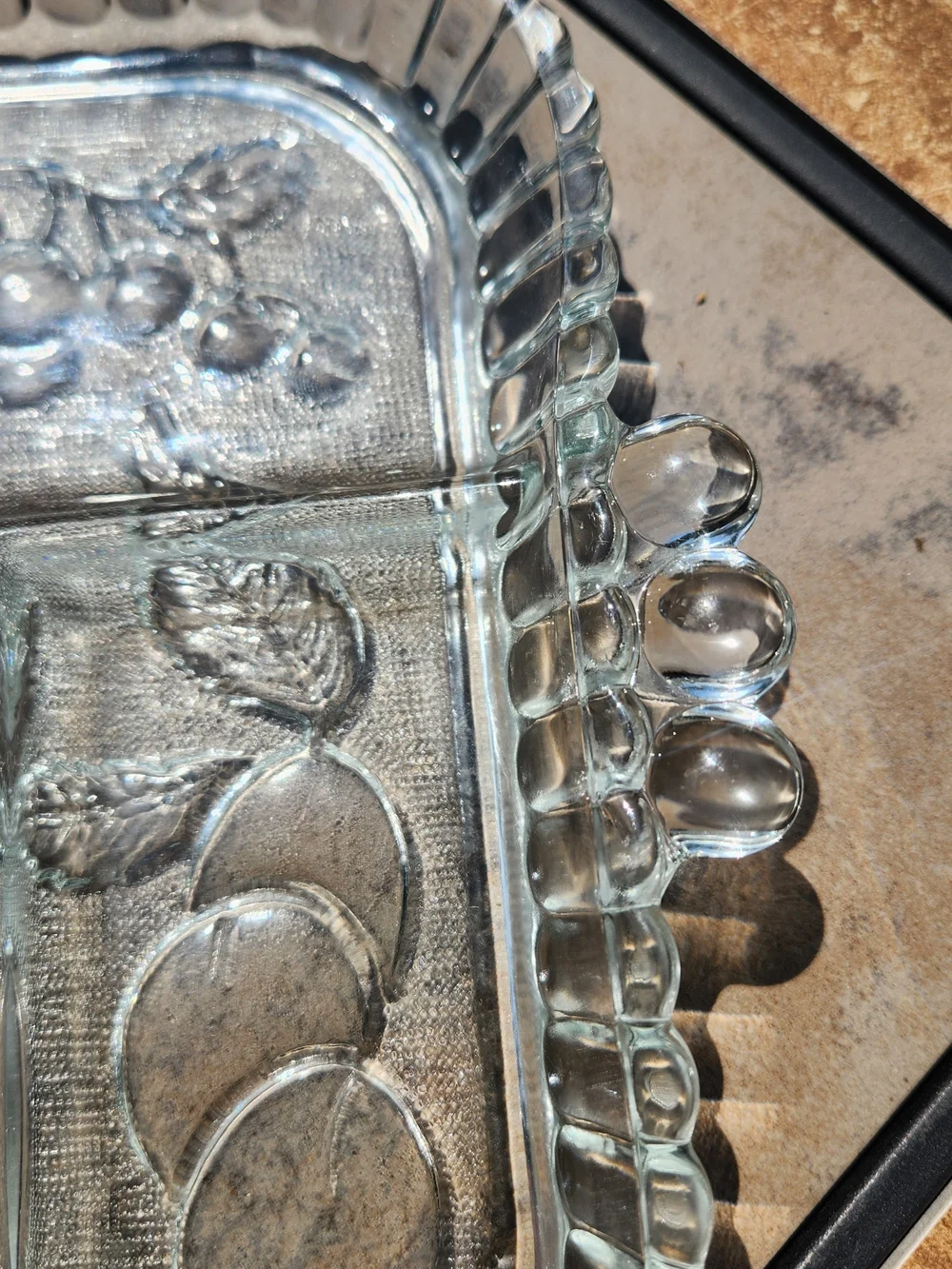 Indiana Glass Clear Pressed Glass Divided Serving Tray With Fruit Design